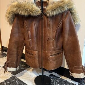 Guess Brown Faux-Shearling Hooded Leather Jacket with Fur Trim Size M Festival